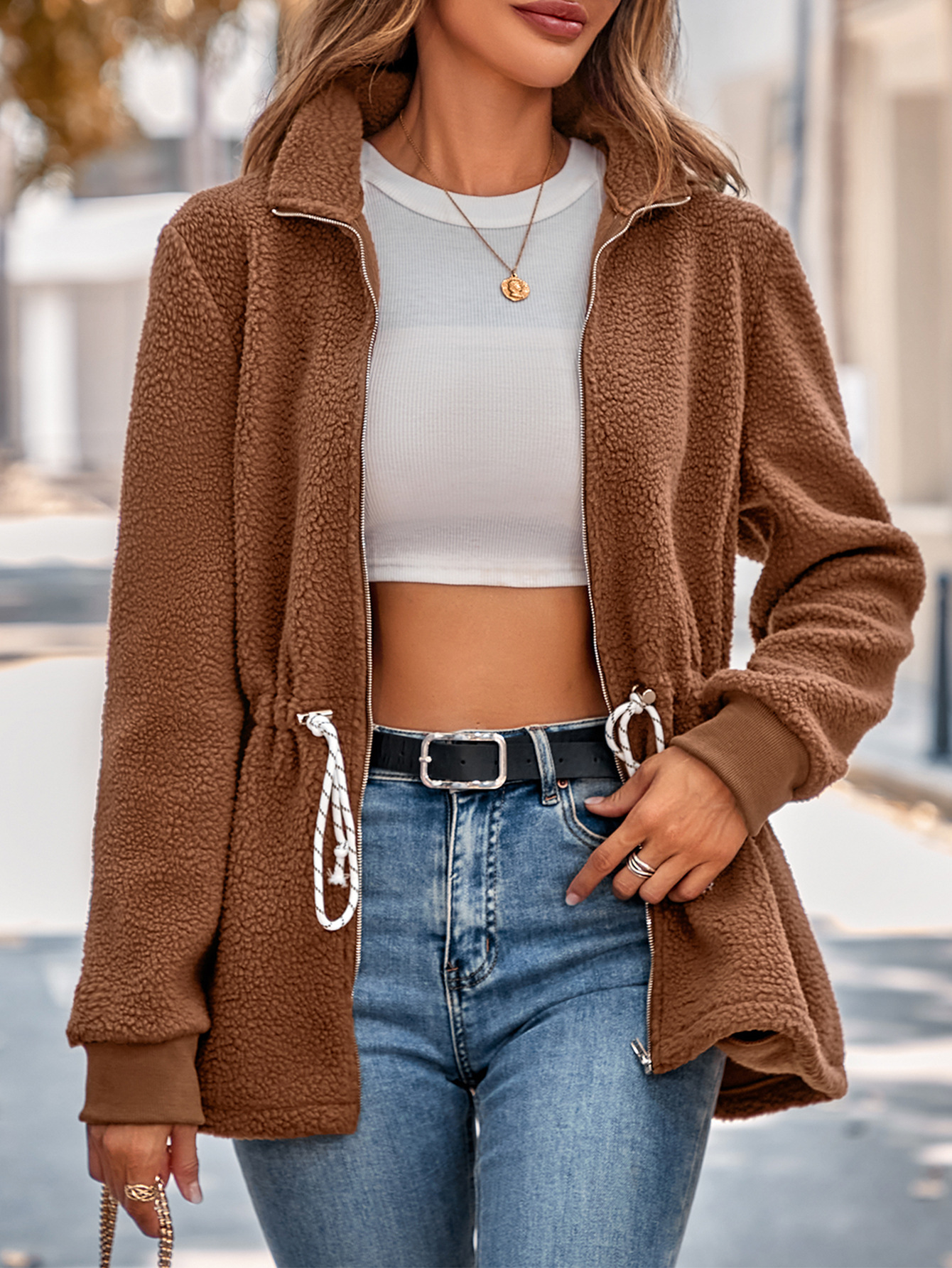 Stand collar solid color tie waist long sleeve plush jacket